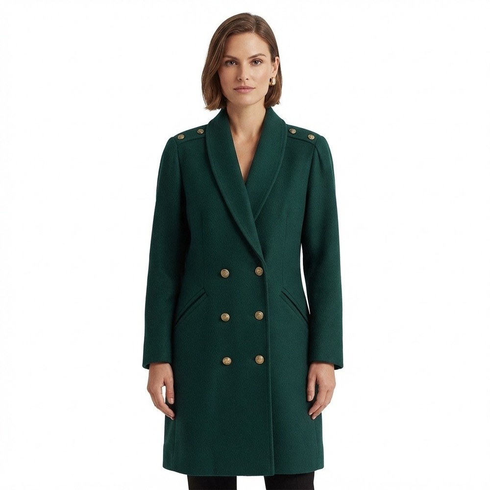 J Gallery Green Wool Military Coat Double Breasted Gold Button Size 7/8 Vintage